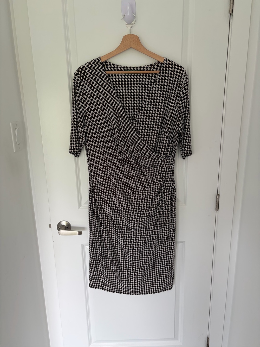 Lauren Ralph Lauren Black and White Houndstooth Faux-Wrap Midi Dress